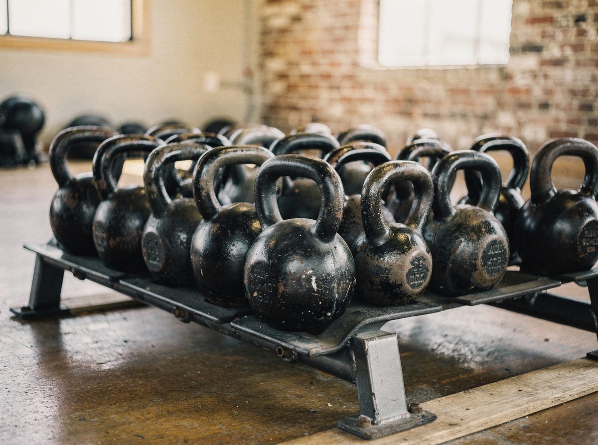 Graduated kettlebells lined up on a rack at Totex Movement Studio